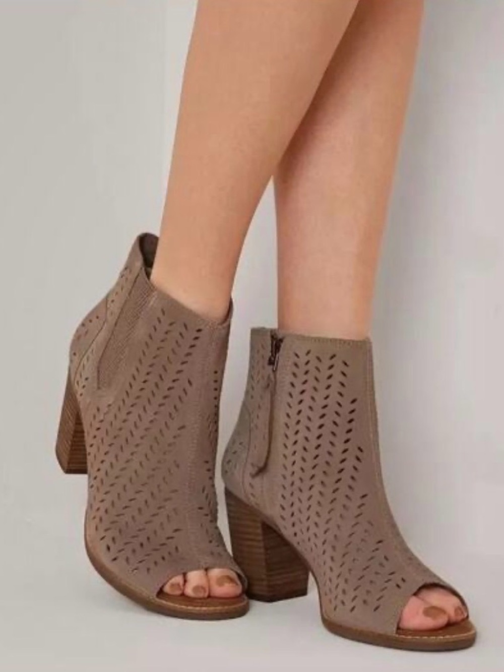 Toms Taupe Laser-Cut Peep-Toe Ankle Booties